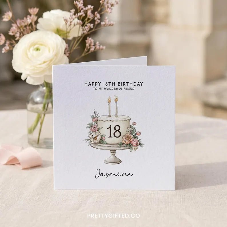 Personalized 18th Birthday Card with Illustrated Blush Floral Cake - Pretty Gifted
