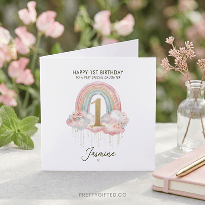Personalized 1st Birthday Card – Pastel Rainbow First Birthday Card for Baby Girl - Pretty Gifted