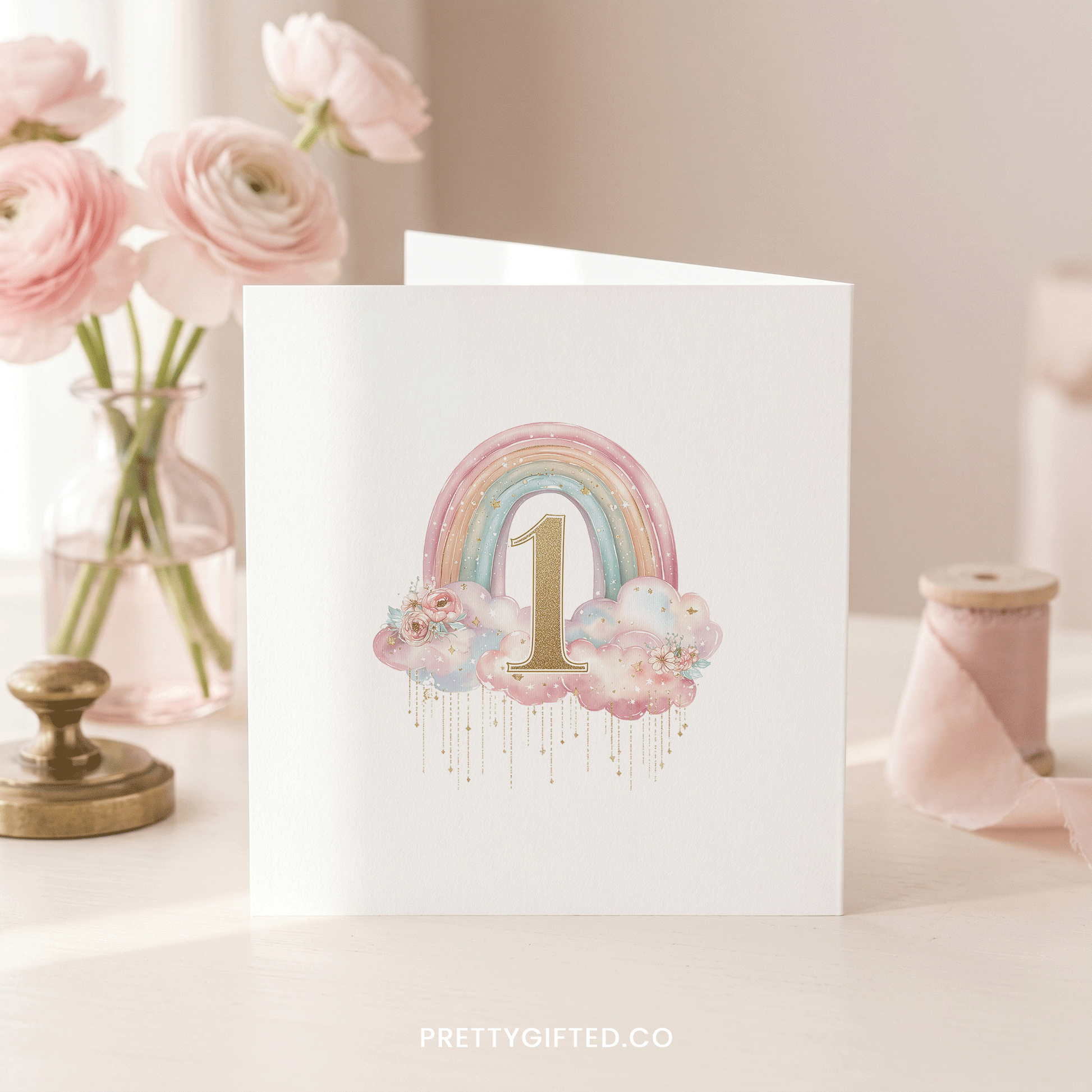 Personalized 1st Birthday Card – Pastel Rainbow First Birthday Card for Baby Girl - Pretty Gifted