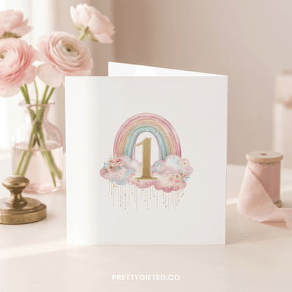 Personalized 1st Birthday Card – Pastel Rainbow First Birthday Card for Baby Girl - Pretty Gifted