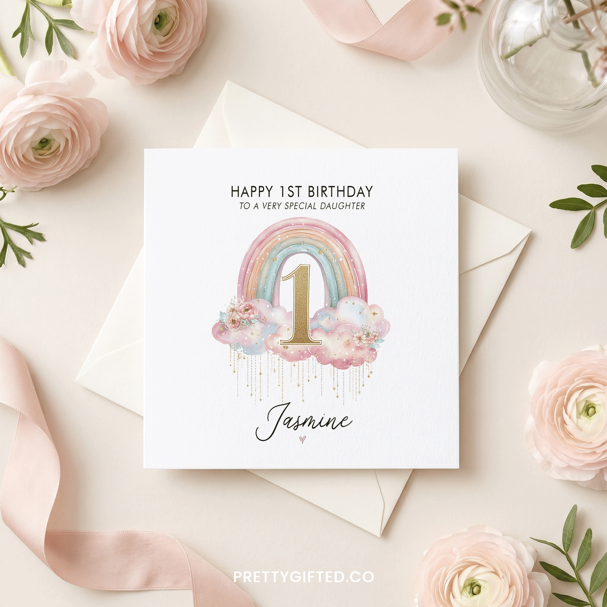 Personalized 1st Birthday Card – Pastel Rainbow First Birthday Card for Baby Girl - Pretty Gifted