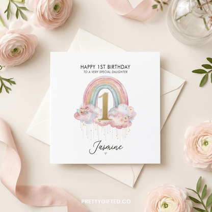 Personalized 1st Birthday Card – Pastel Rainbow First Birthday Card for Baby Girl - Pretty Gifted