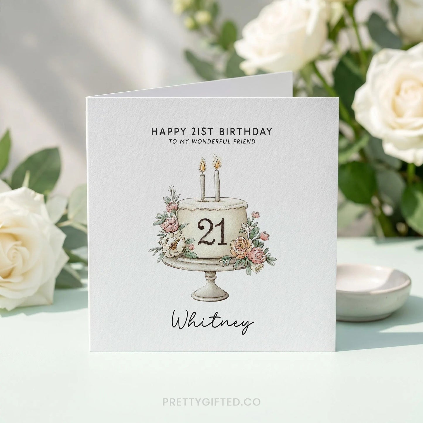 Personalized 21st Birthday Card with Watercolor Blush Floral Cake - Pretty Gifted