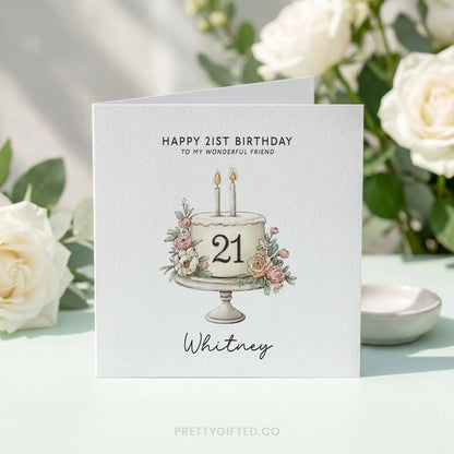 Personalized 21st Birthday Card with Watercolor Blush Floral Cake - Pretty Gifted