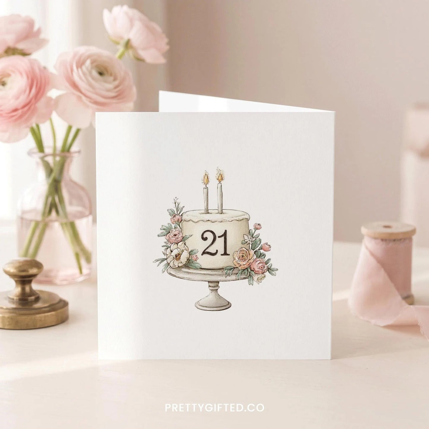 Personalized 21st Birthday Card with Watercolor Blush Floral Cake - Pretty Gifted