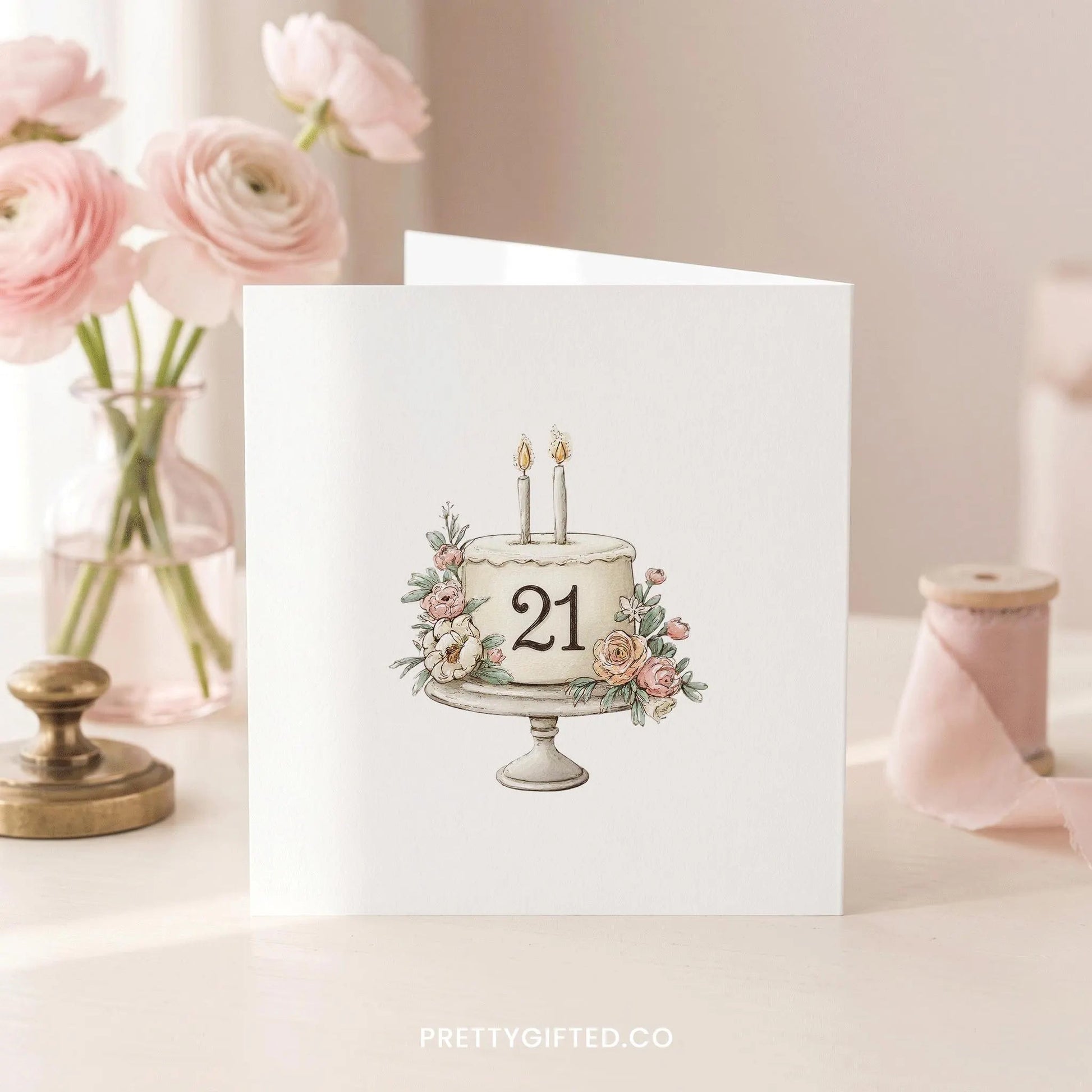 Personalized 21st Birthday Card with Watercolor Blush Floral Cake - Pretty Gifted
