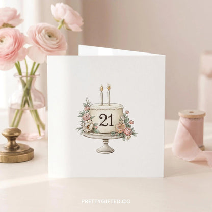 Personalized 21st Birthday Card with Watercolor Blush Floral Cake - Pretty Gifted