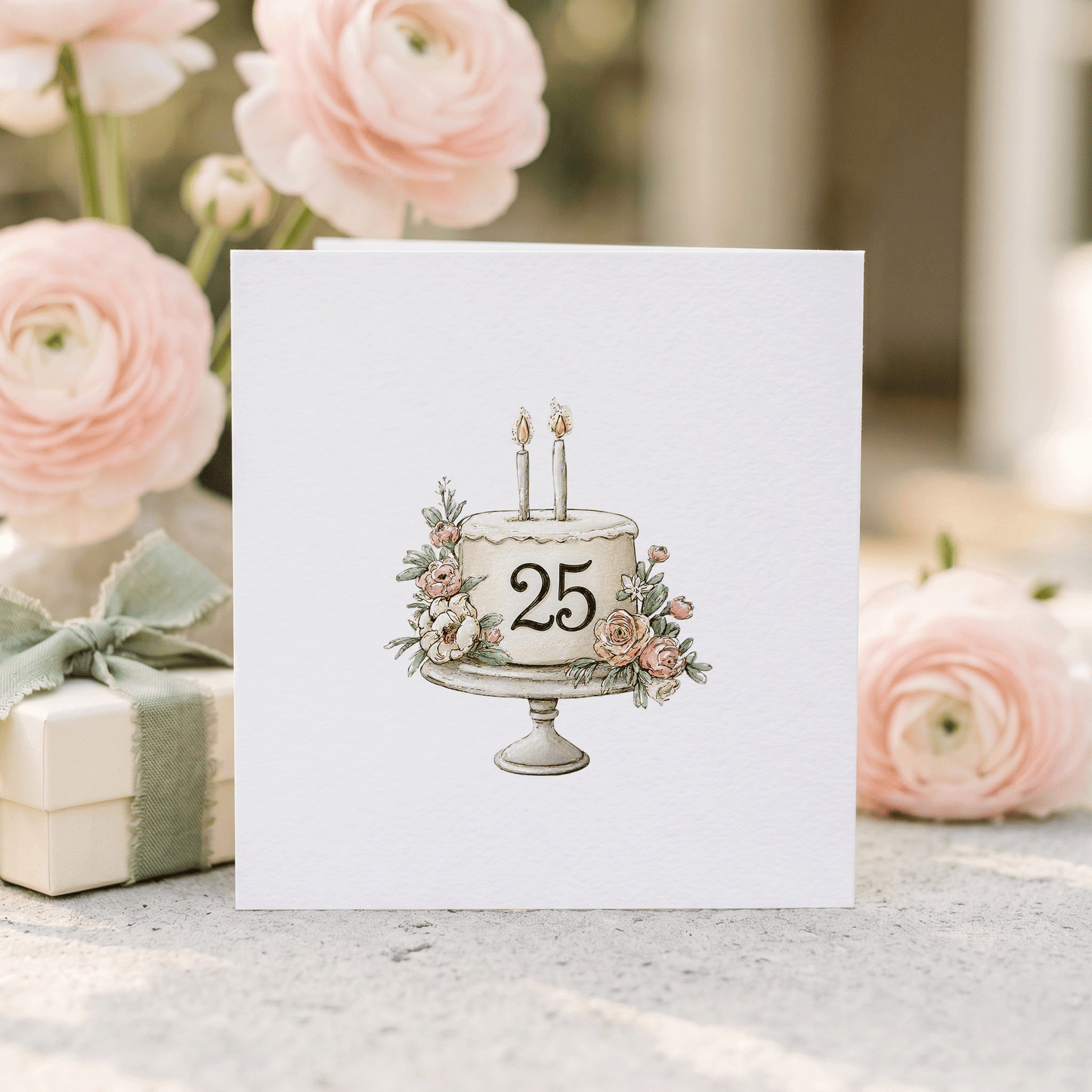 Personalized 25th Birthday Card with Blush Floral Cake Illustration - Pretty Gifted