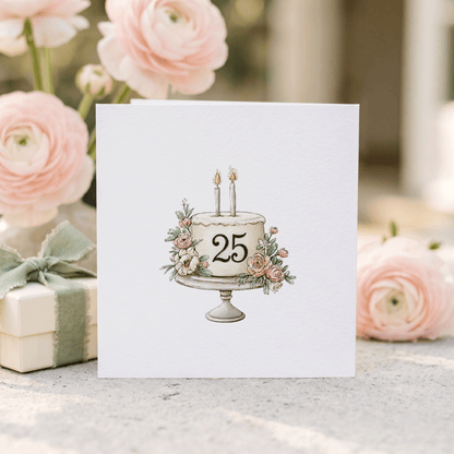 Personalized 25th Birthday Card with Blush Floral Cake Illustration - Pretty Gifted