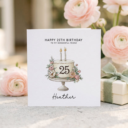 Personalized 25th Birthday Card with Blush Floral Cake Illustration - Pretty Gifted