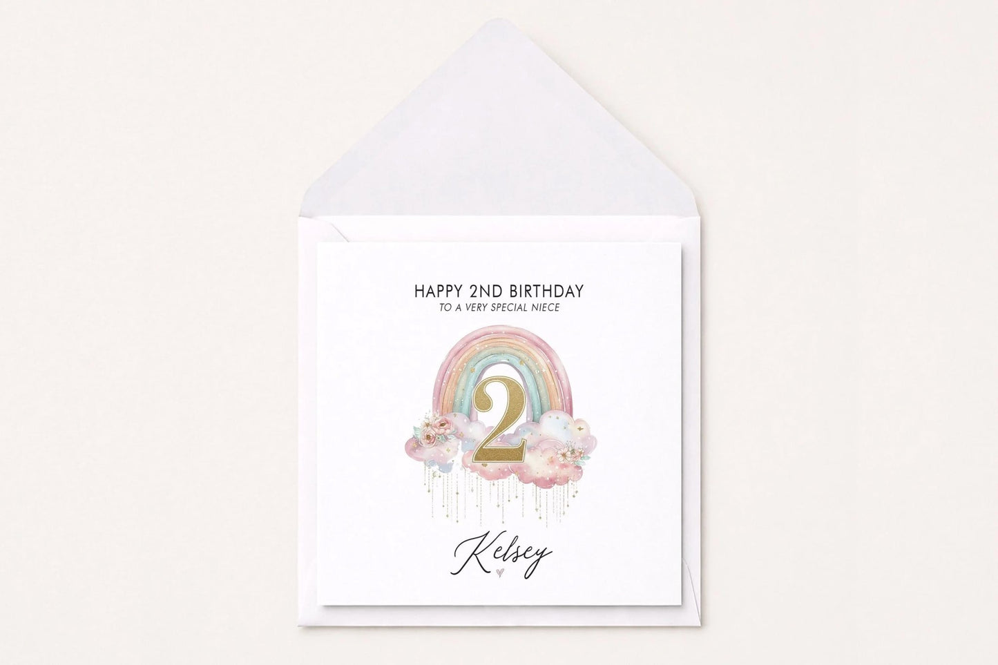 Personalized 2nd Birthday Card, Pastel Rainbow Cloud Girls Gift - Pretty Gifted