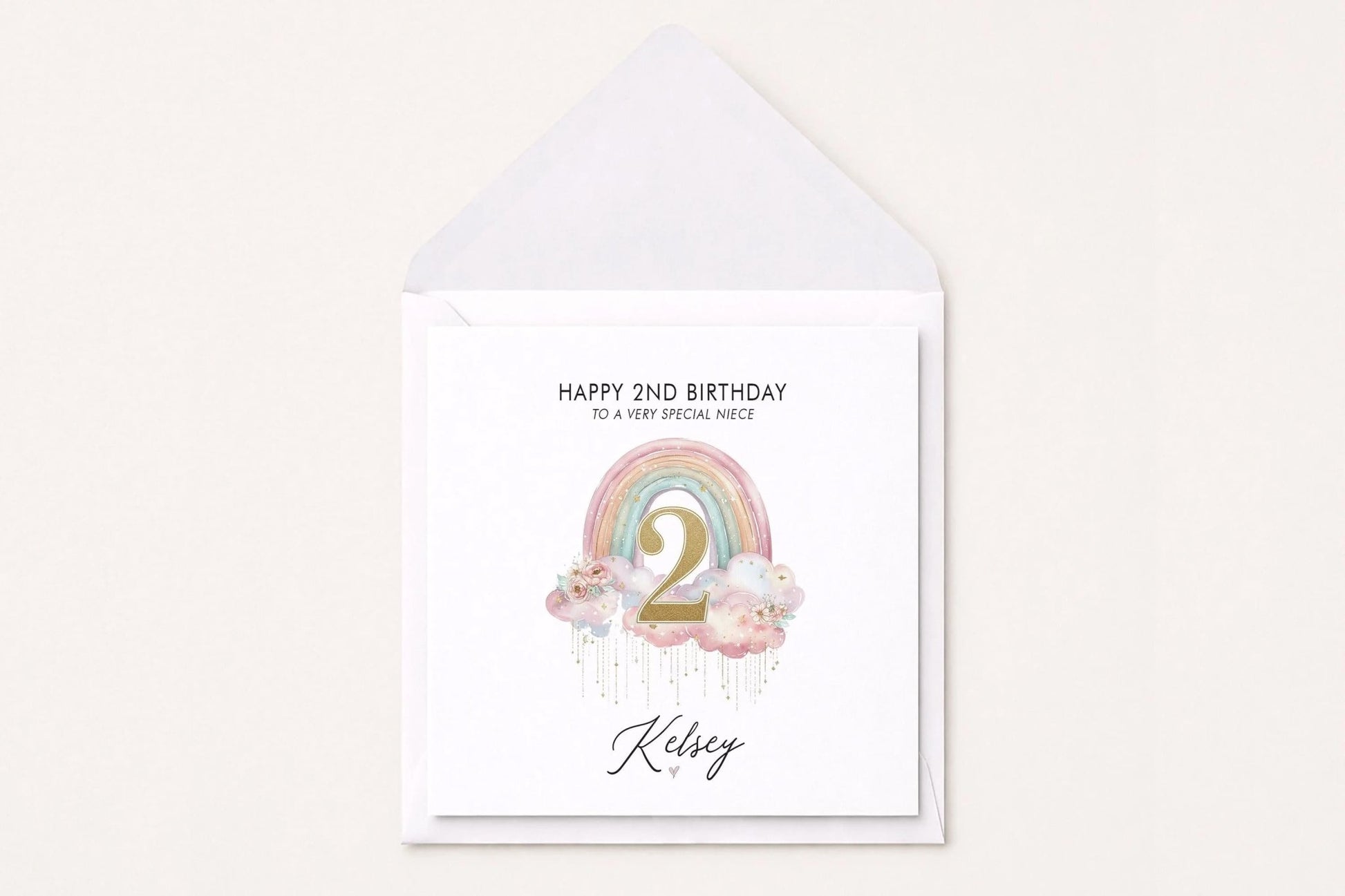 Personalized 2nd Birthday Card, Pastel Rainbow Cloud Girls Gift - Pretty Gifted