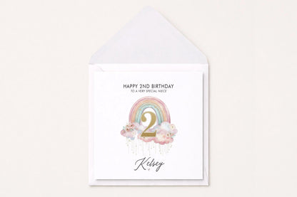 Personalized 2nd Birthday Card, Pastel Rainbow Cloud Girls Gift - Pretty Gifted
