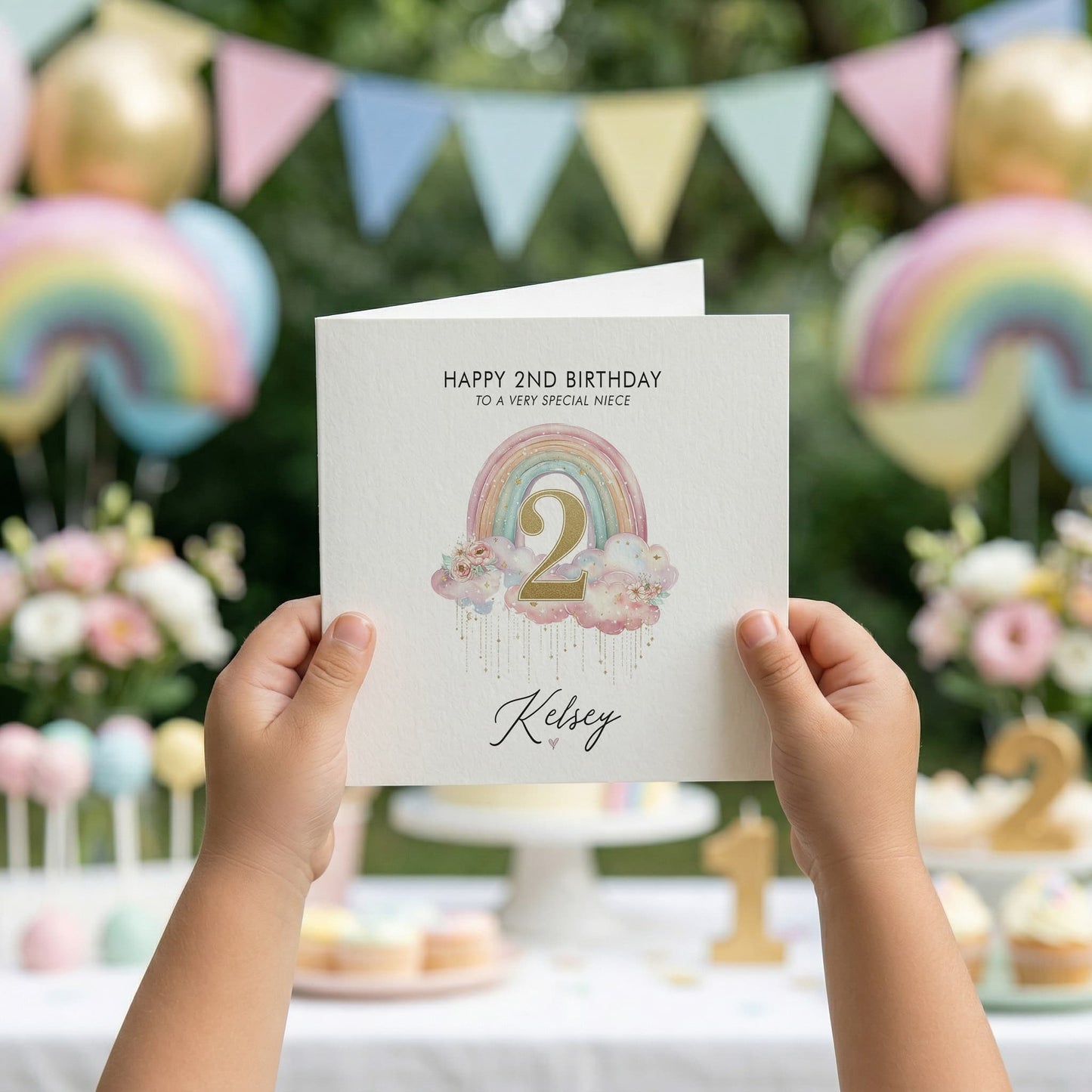 Personalized 2nd Birthday Card, Pastel Rainbow Cloud Girls Gift - Pretty Gifted