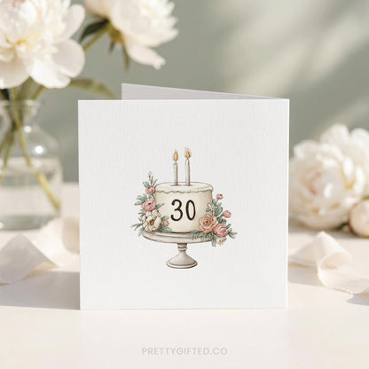 Personalized 30th Birthday Card with Blush Botanical Floral Cake Illustration - Pretty Gifted