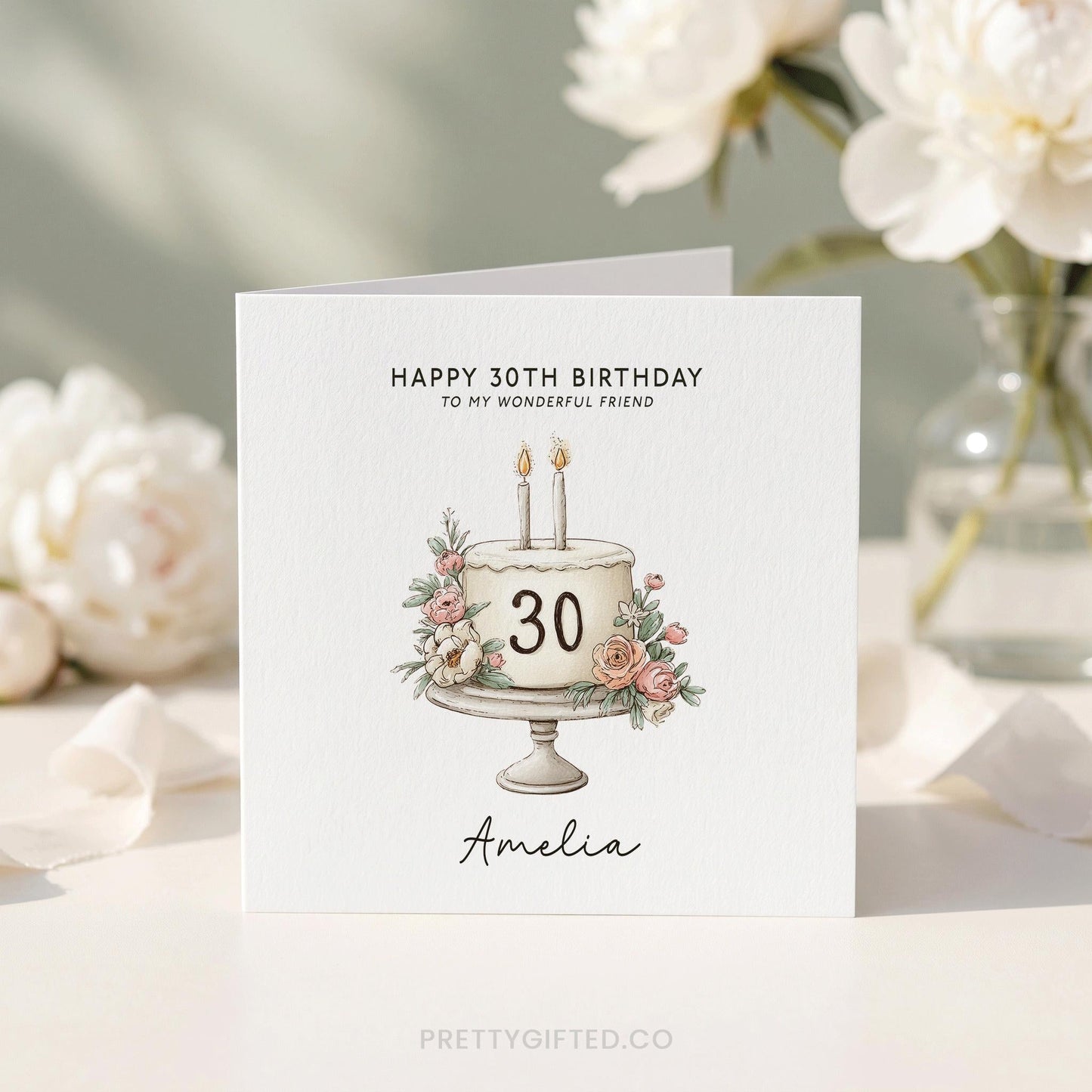 Personalized 30th Birthday Card with Blush Botanical Floral Cake Illustration - Pretty Gifted
