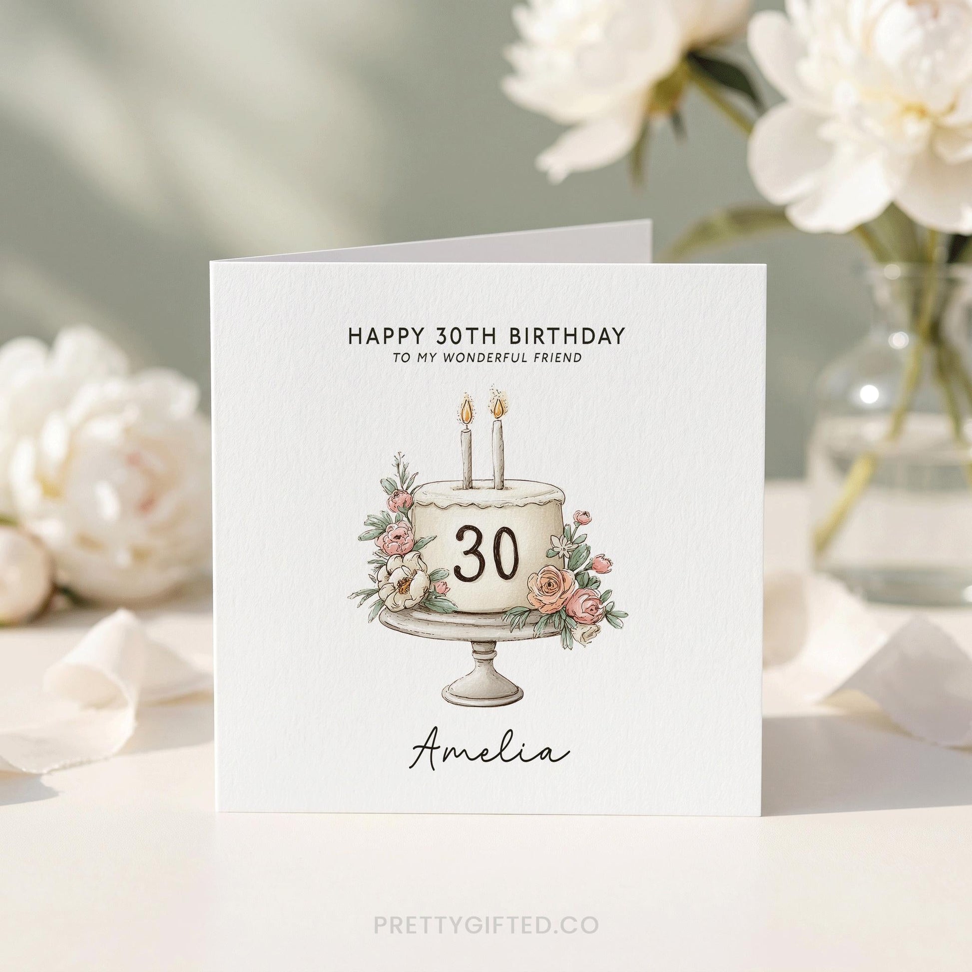 Personalized 30th Birthday Card with Blush Botanical Floral Cake Illustration - Pretty Gifted