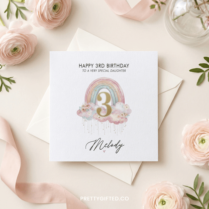 Personalized 3rd Birthday Card – Rainbow Birthday Card for Girls with Custom Name - Pretty Gifted