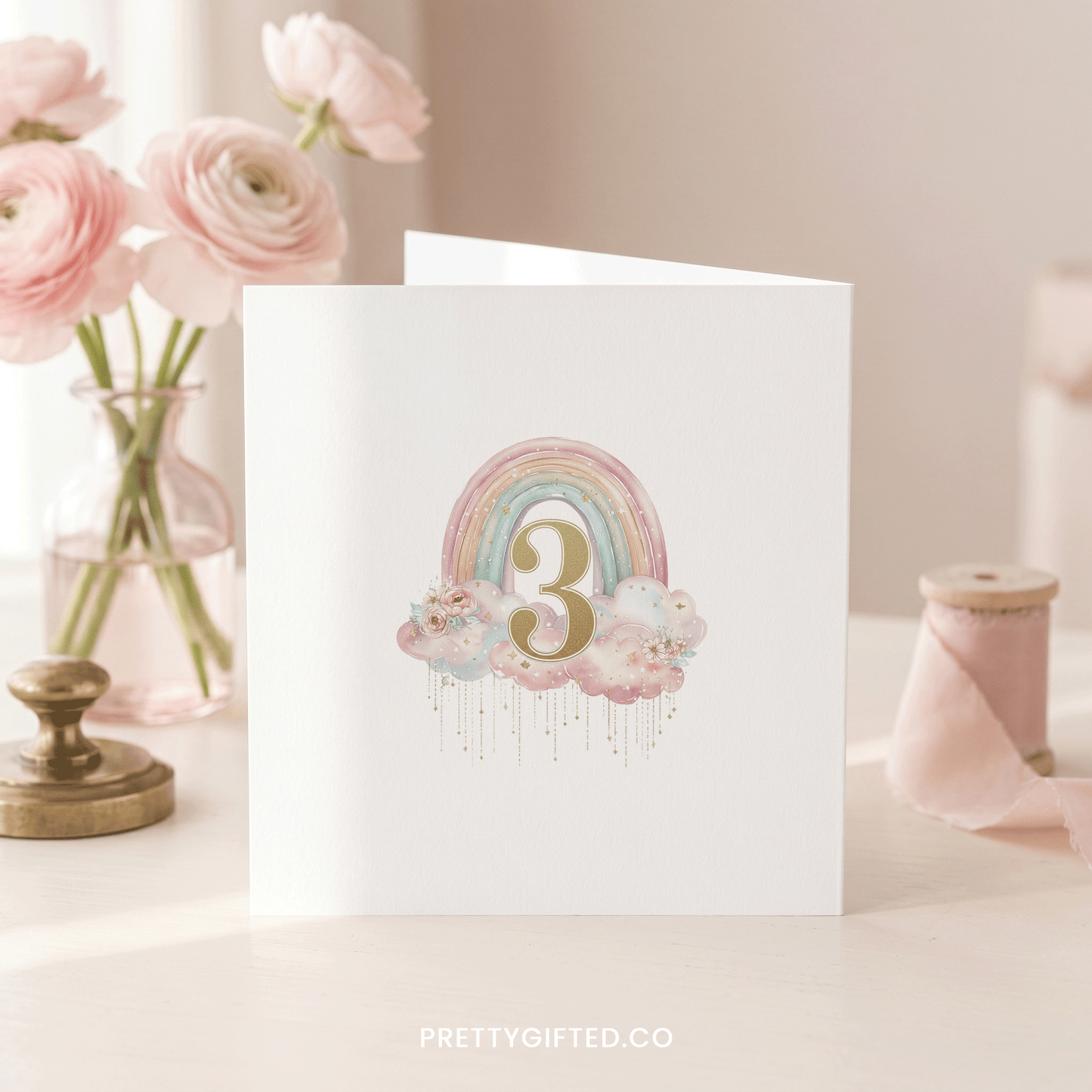 Personalized 3rd Birthday Card – Rainbow Birthday Card for Girls with Custom Name - Pretty Gifted