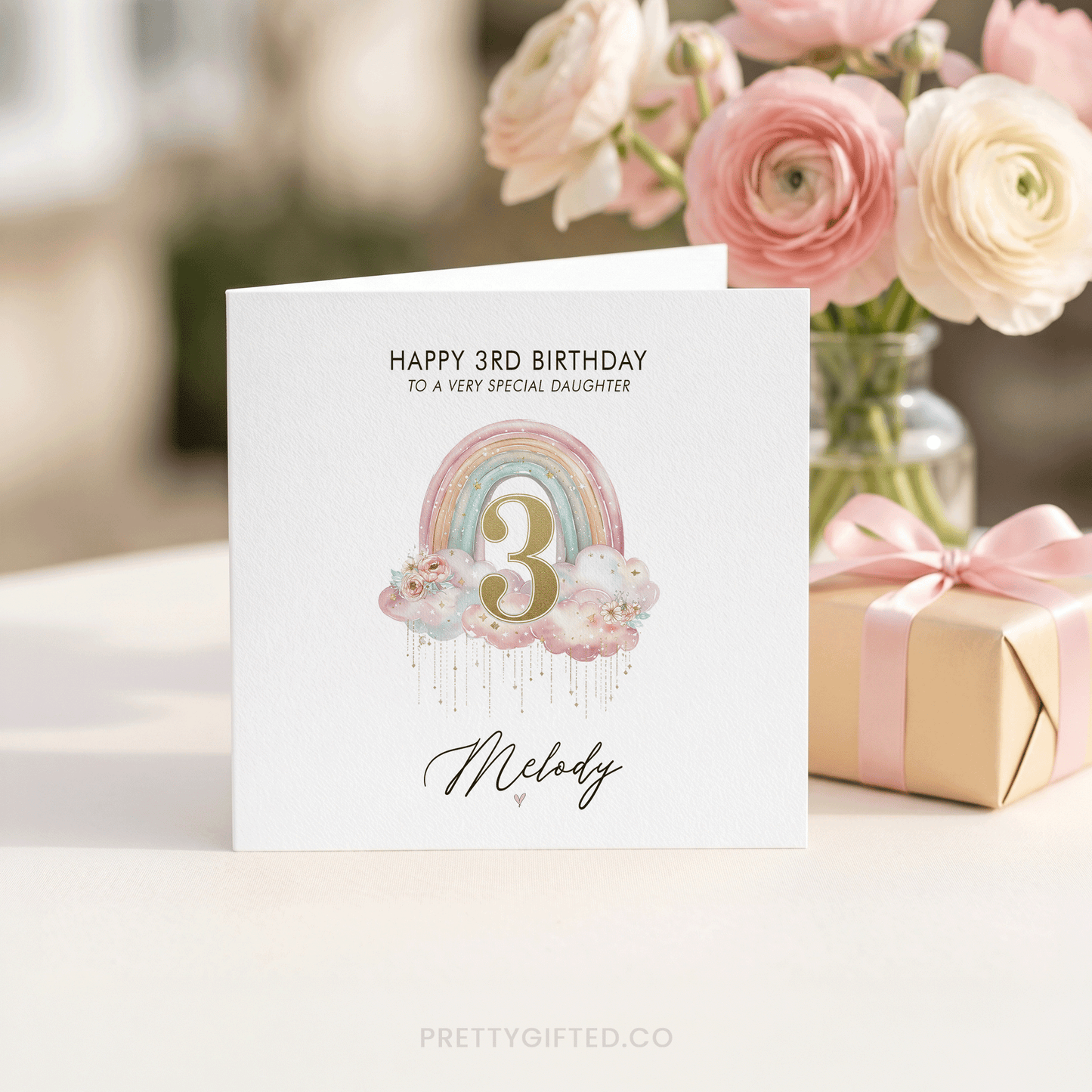 Personalized 3rd Birthday Card – Rainbow Birthday Card for Girls with Custom Name - Pretty Gifted