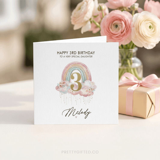 Personalized 3rd Birthday Card – Rainbow Birthday Card for Girls with Custom Name - Pretty Gifted