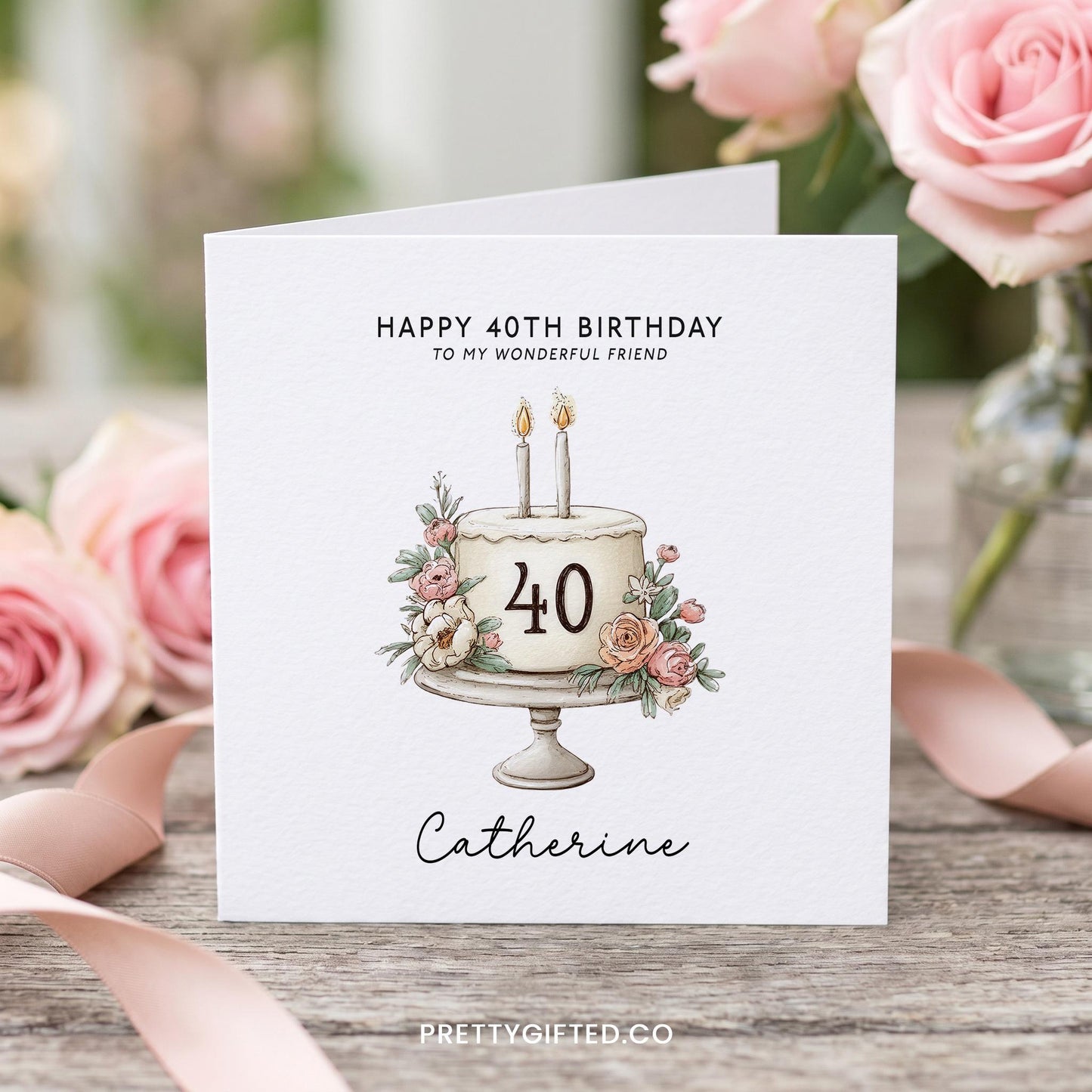 Personalized 40th Birthday Card with Illustrated Blush Rose Floral Cake - Pretty Gifted