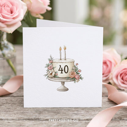 Personalized 40th Birthday Card with Illustrated Blush Rose Floral Cake - Pretty Gifted