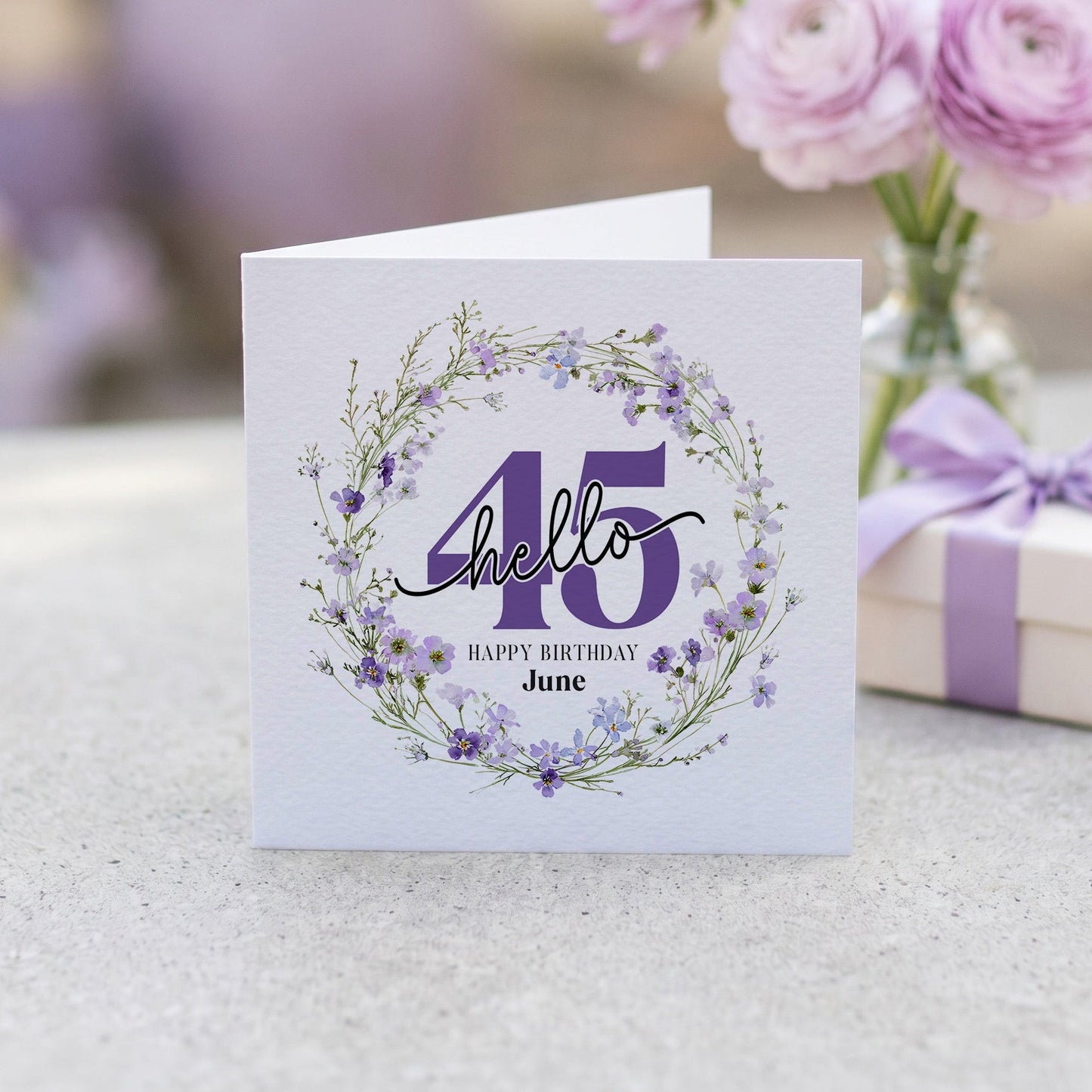 Personalized 45th Birthday Card with Hello 45 Wildflower Wreath - Pretty Gifted