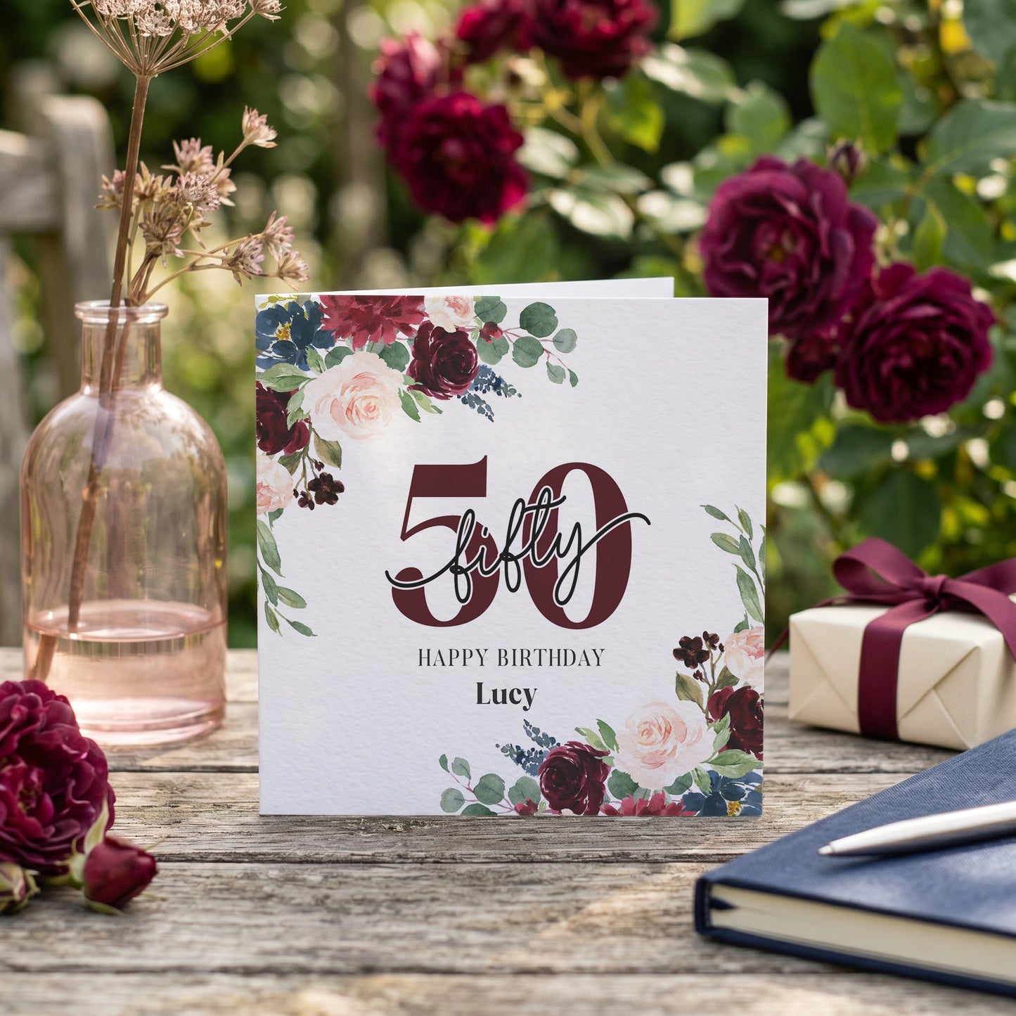 Personalized 50th Birthday Card with Burgundy Floral Script Design - Pretty Gifted