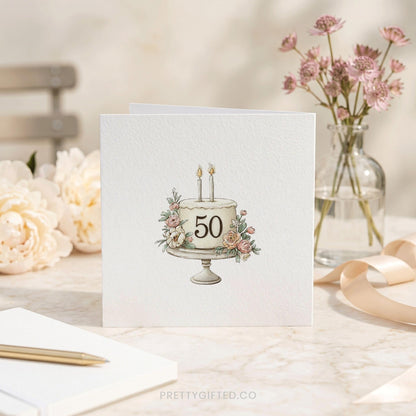 Personalized 50th Birthday Card with Watercolor Blush Floral Cake - Pretty Gifted