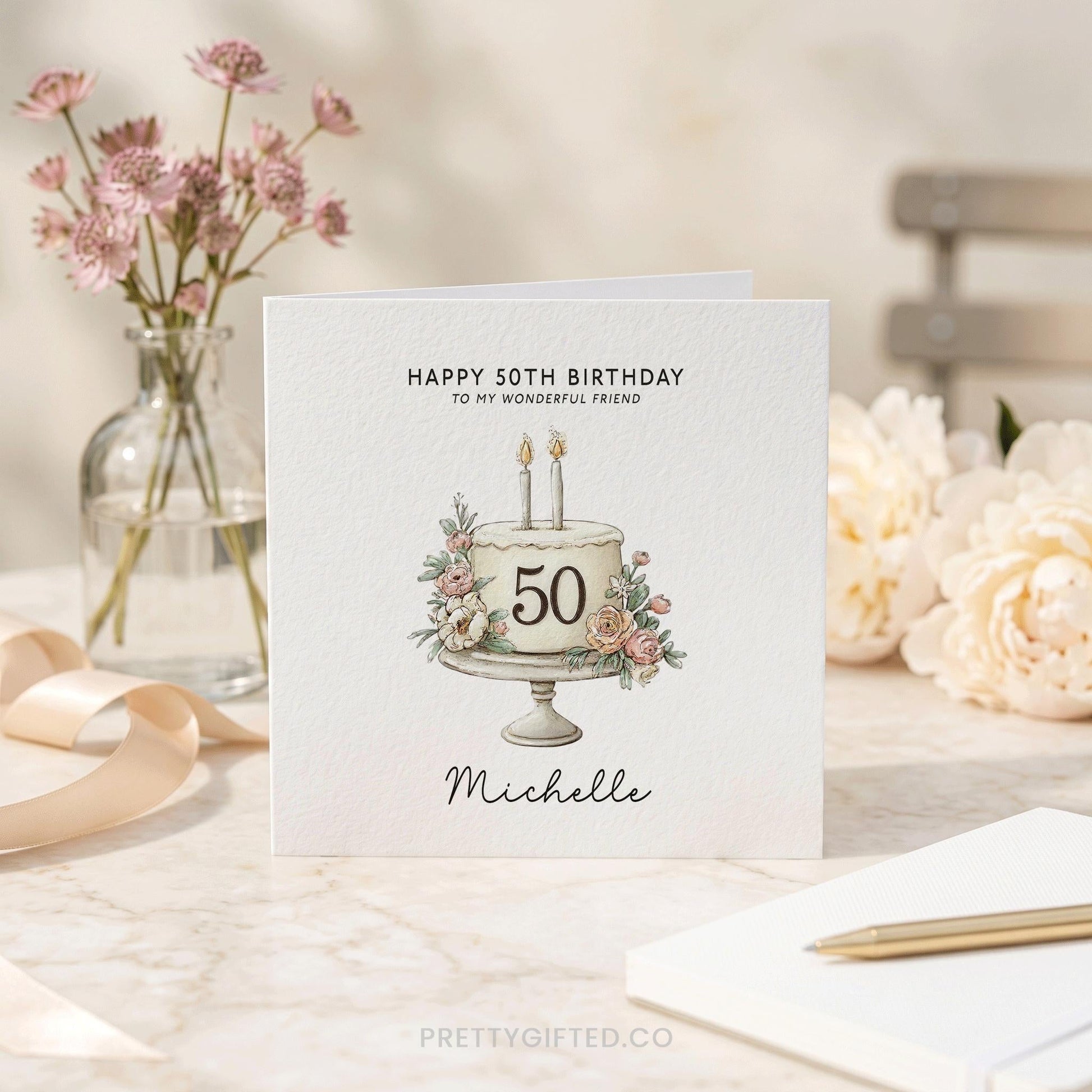 Personalized 50th Birthday Card with Watercolor Blush Floral Cake - Pretty Gifted