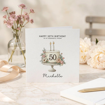 Personalized 50th Birthday Card with Watercolor Blush Floral Cake - Pretty Gifted