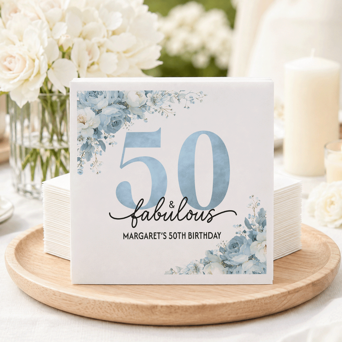 Personalized 50th Birthday Napkins in Soft Blue Florals - Pretty Gifted