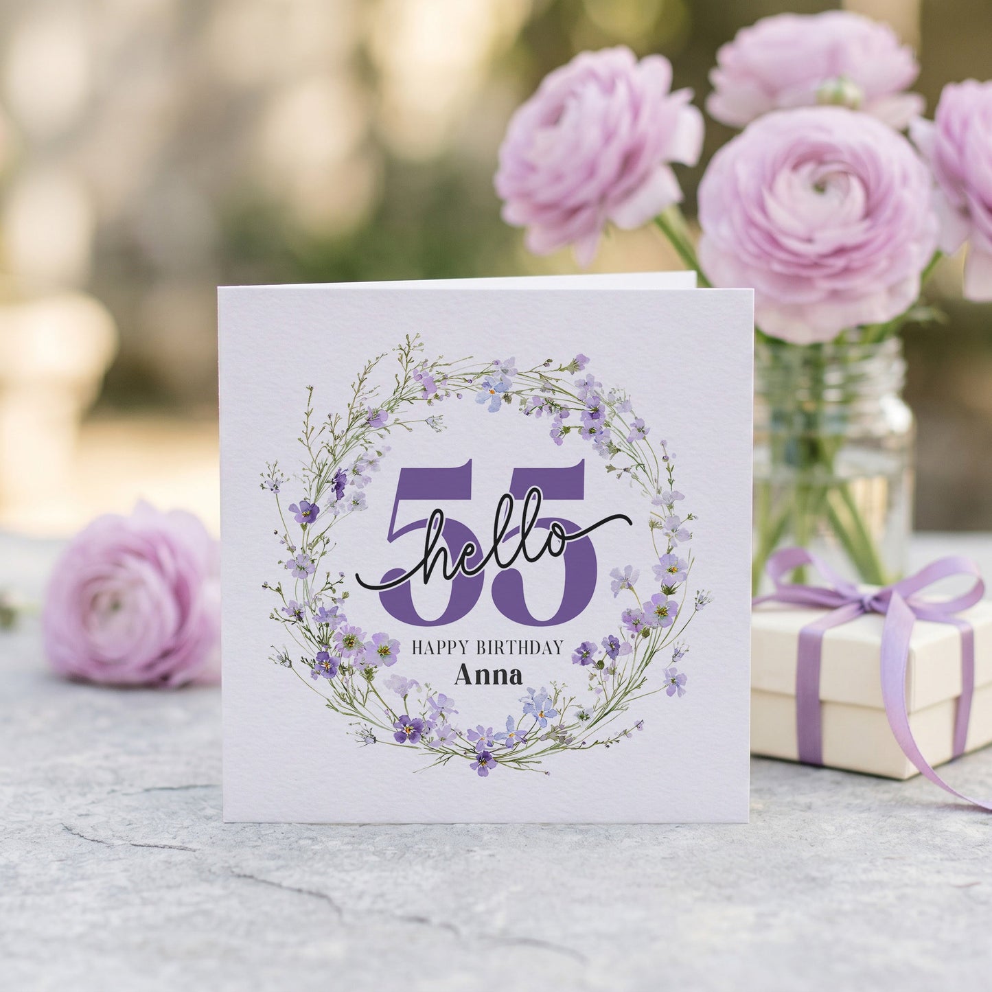 Personalized 55th Birthday Card with Hello 55 Purple Wildflower Wreath - Pretty Gifted