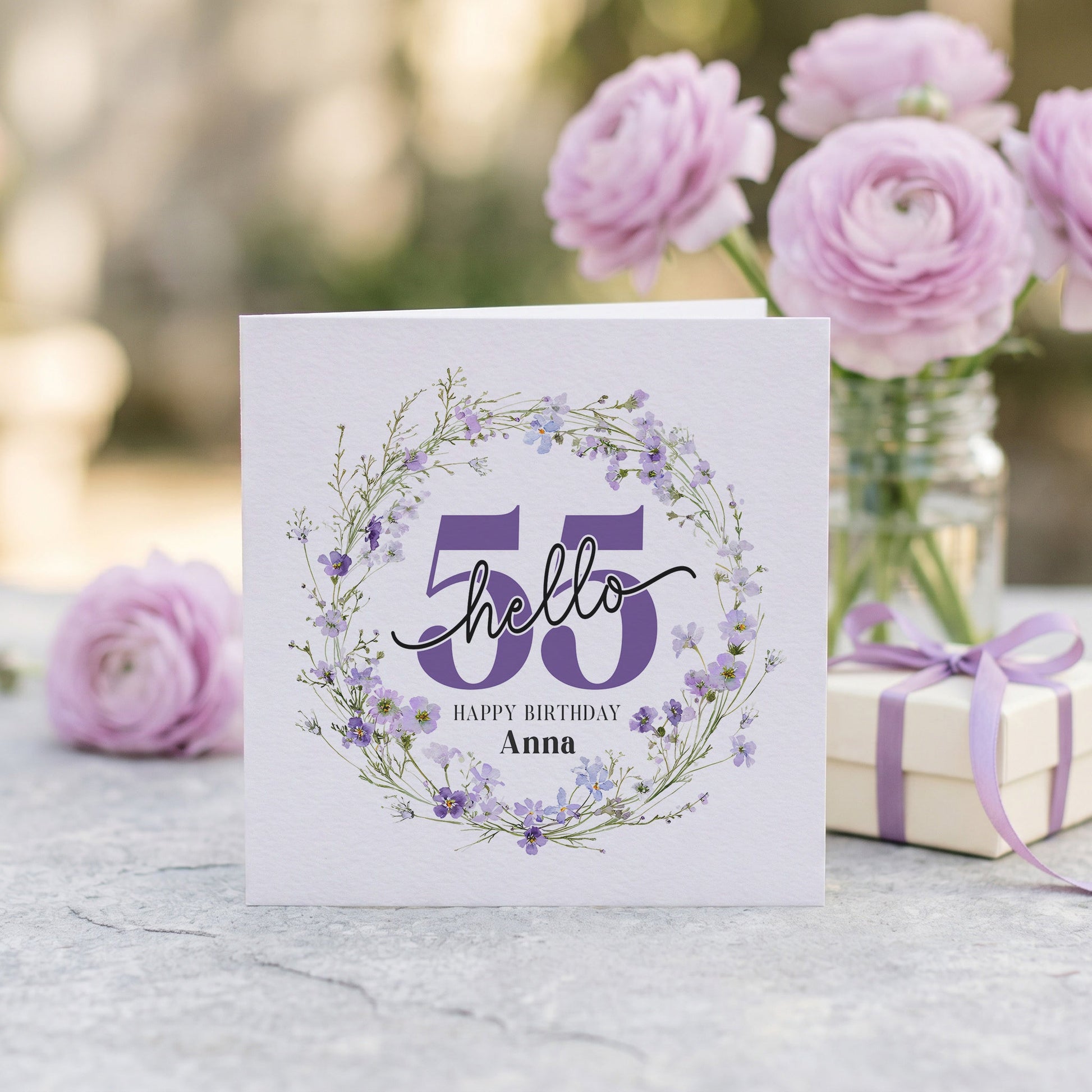 Personalized 55th Birthday Card with Hello 55 Purple Wildflower Wreath - Pretty Gifted