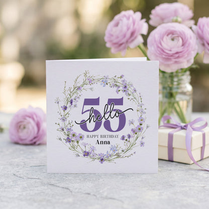 Personalized 55th Birthday Card with Hello 55 Purple Wildflower Wreath - Pretty Gifted