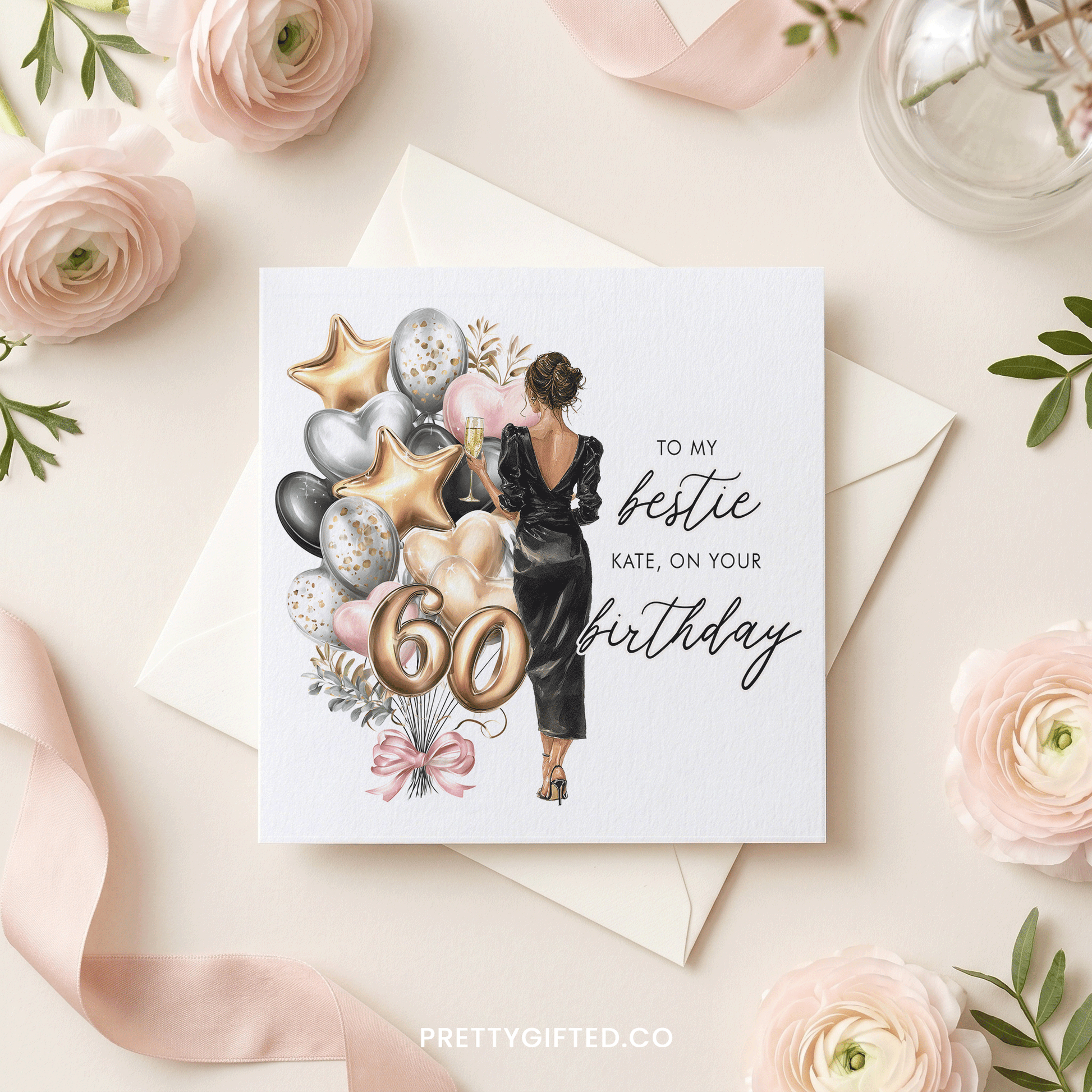 Personalized 60th Birthday Card for Best Friend – Elegant Champagne Birthday Card for Women - Pretty Gifted