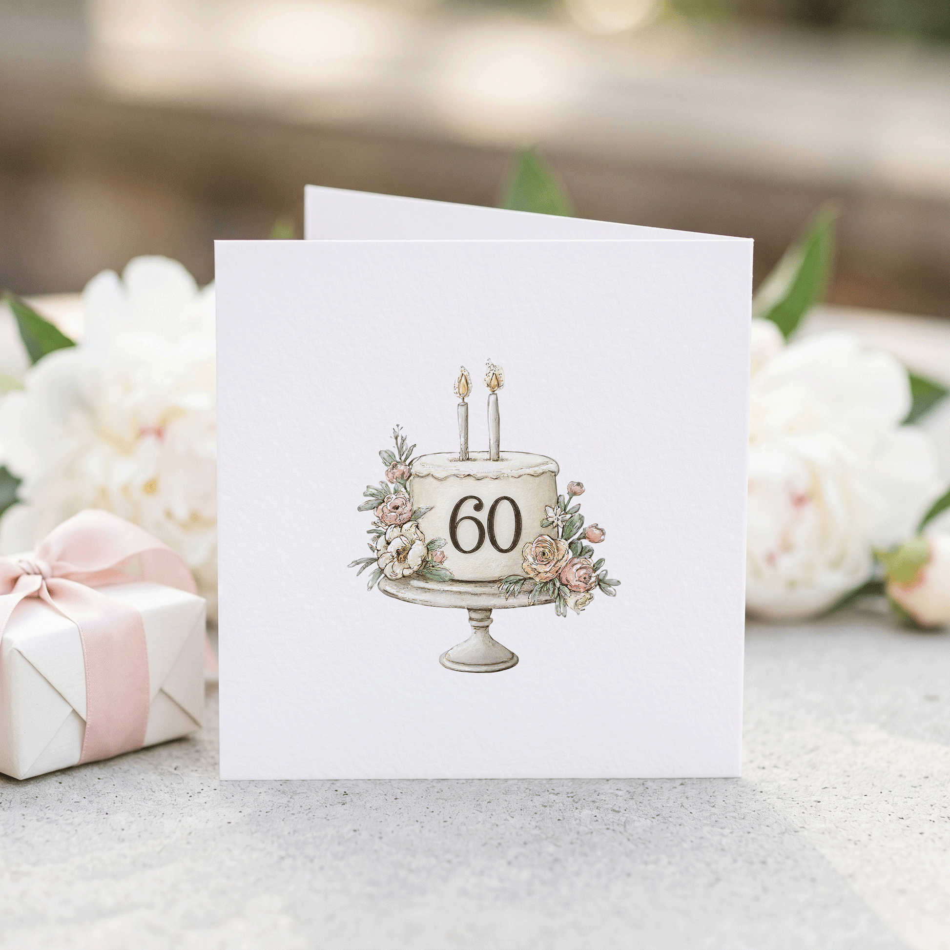 Personalized 60th Birthday Card with Blush Floral Cake Illustration - Pretty Gifted