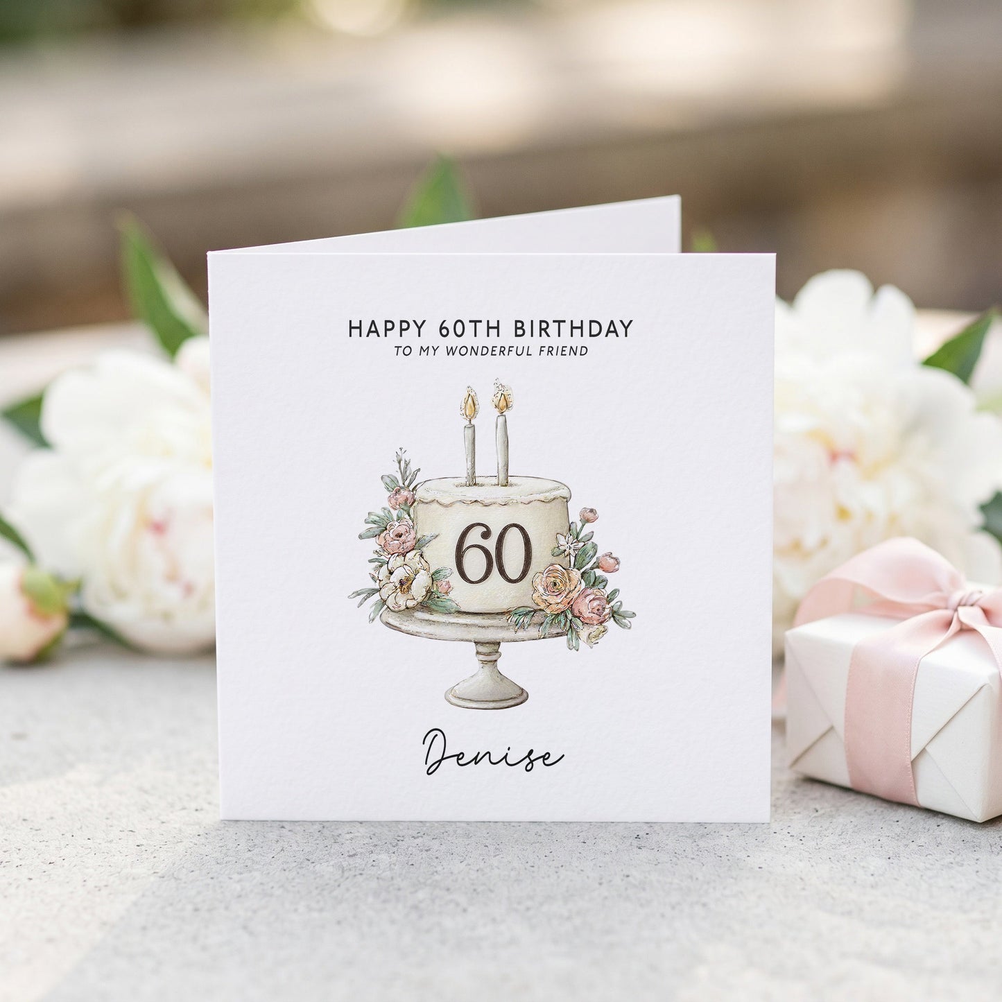 Personalized 60th Birthday Card with Blush Floral Cake Illustration - Pretty Gifted