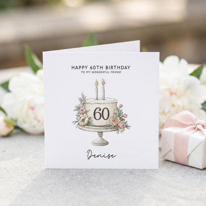 Personalized 60th Birthday Card with Blush Floral Cake Illustration - Pretty Gifted