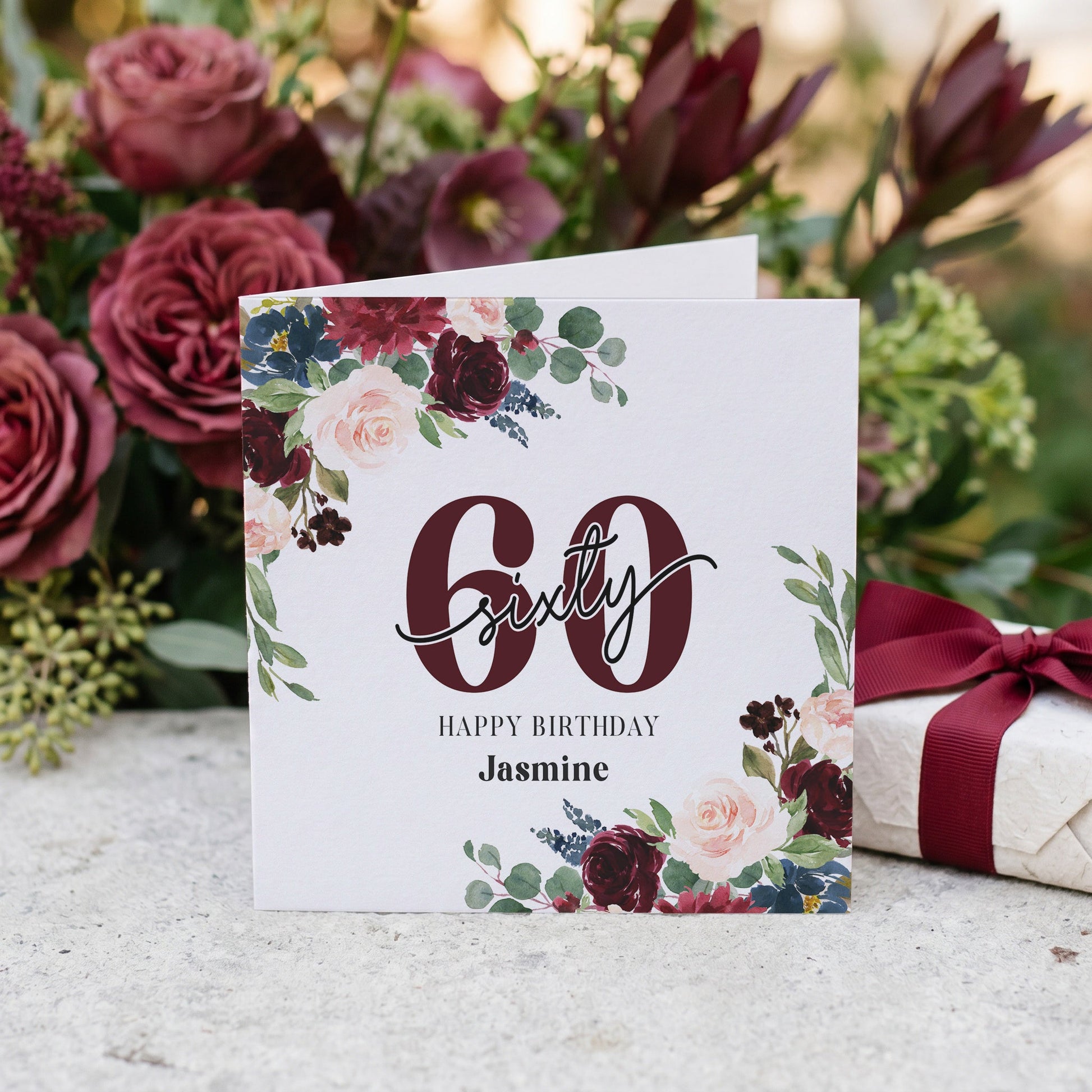 Personalized 60th Birthday Card with Jewel Toned Burgundy Botanical Florals - Pretty Gifted