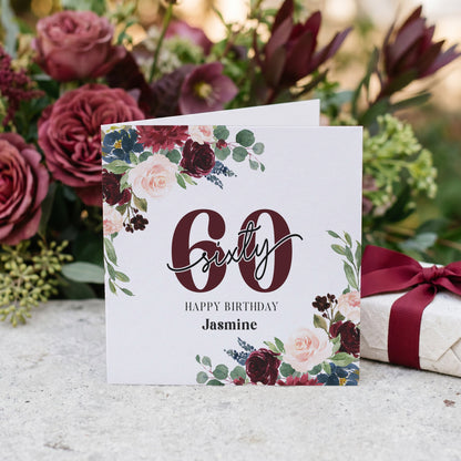 Personalized 60th Birthday Card with Jewel Toned Burgundy Botanical Florals - Pretty Gifted