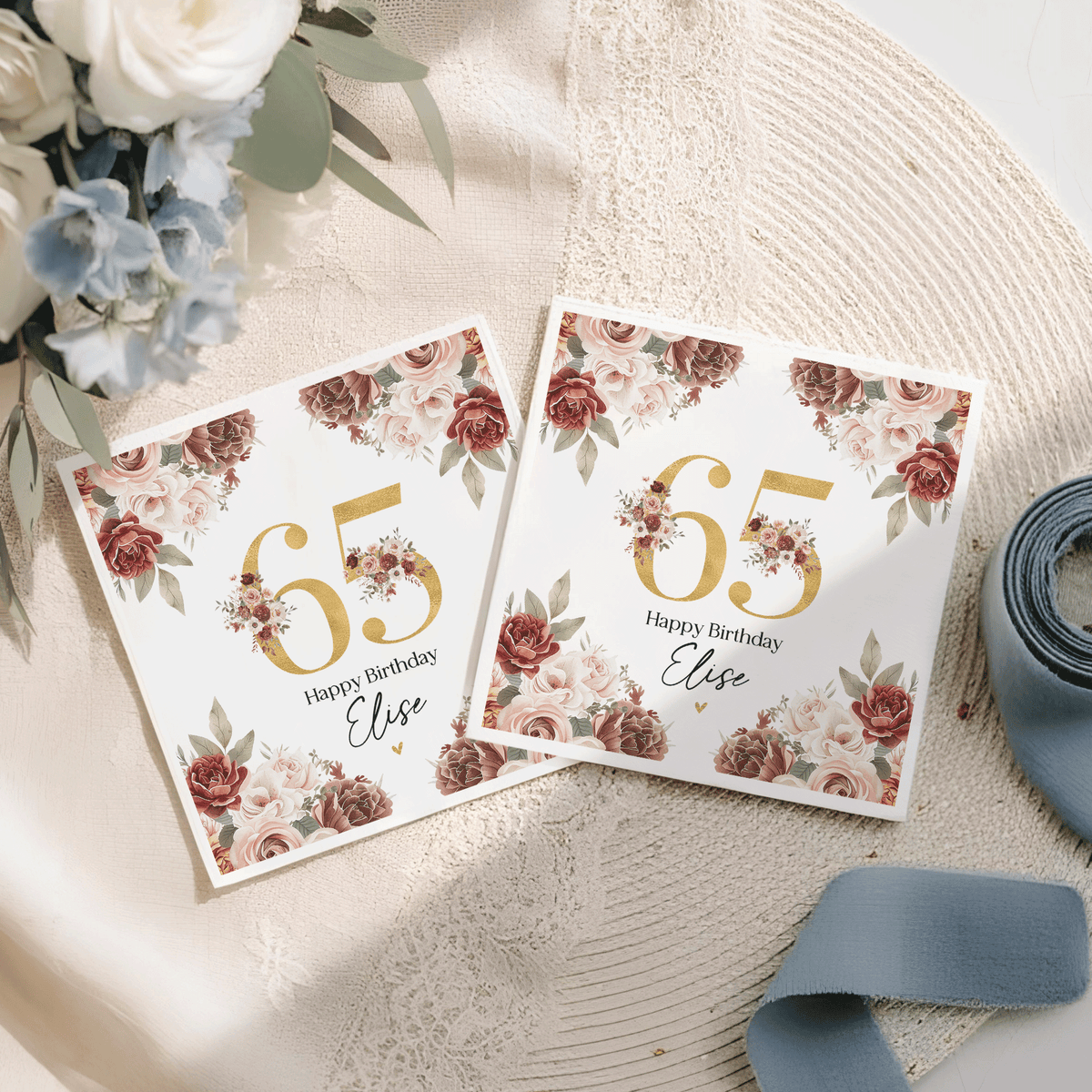 Personalized 65th Birthday Napkins – Burgundy Floral Milestone Party Napkins - Pretty Gifted
