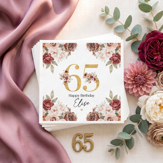 Personalized 65th Birthday Napkins – Burgundy Floral Milestone Party Napkins - Pretty Gifted