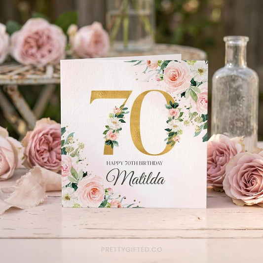 Personalized 70th Birthday Card – Blush Pink Rose Milestone Birthday Card for Women - Pretty Gifted