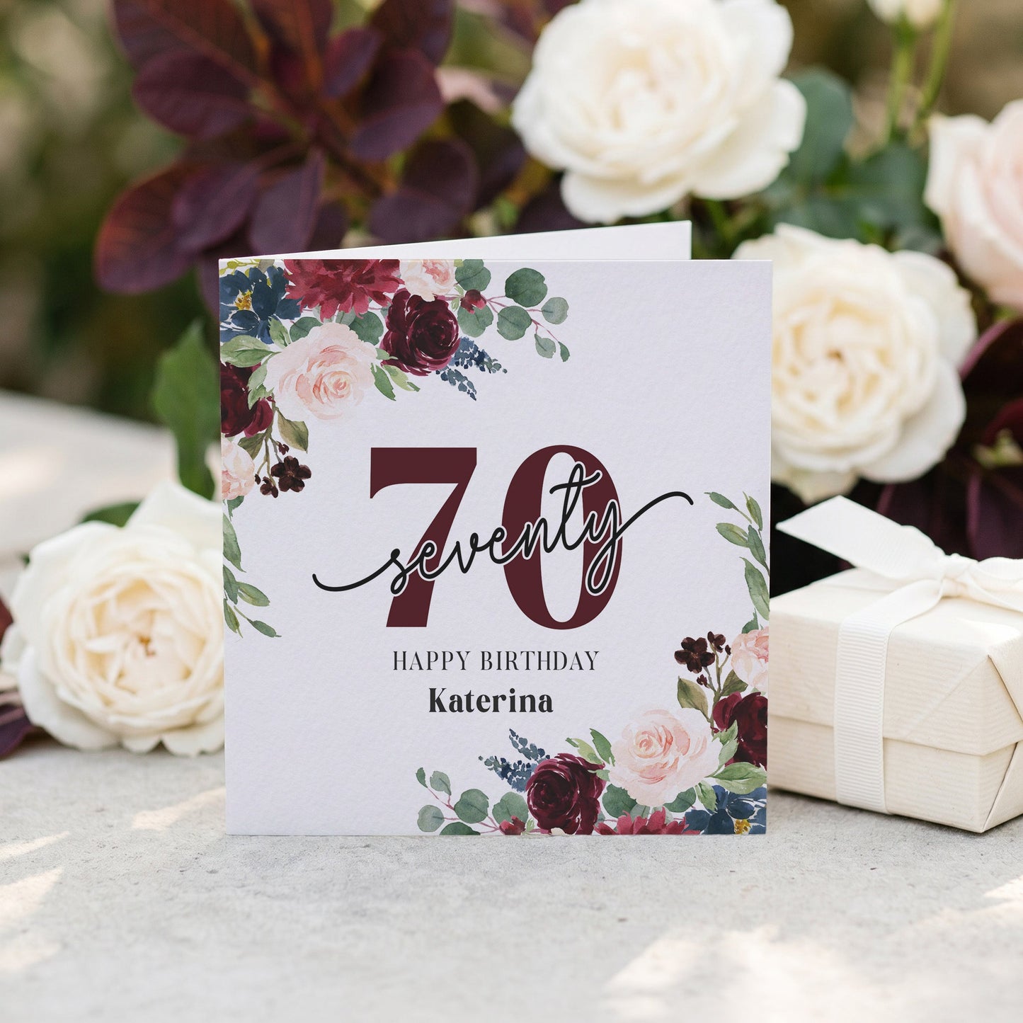 Personalized 70th Birthday Card with Blush and Burgundy Floral Script - Pretty Gifted