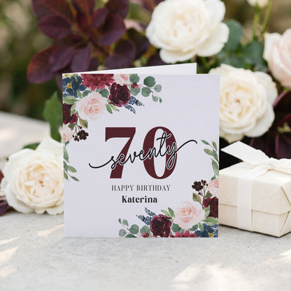 Personalized 70th Birthday Card with Blush and Burgundy Floral Script - Pretty Gifted