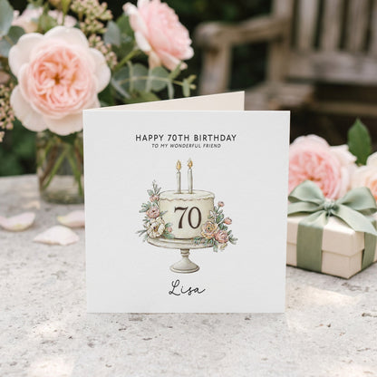 Personalized 70th Birthday Card with Watercolor Floral Cake Illustration - Pretty Gifted