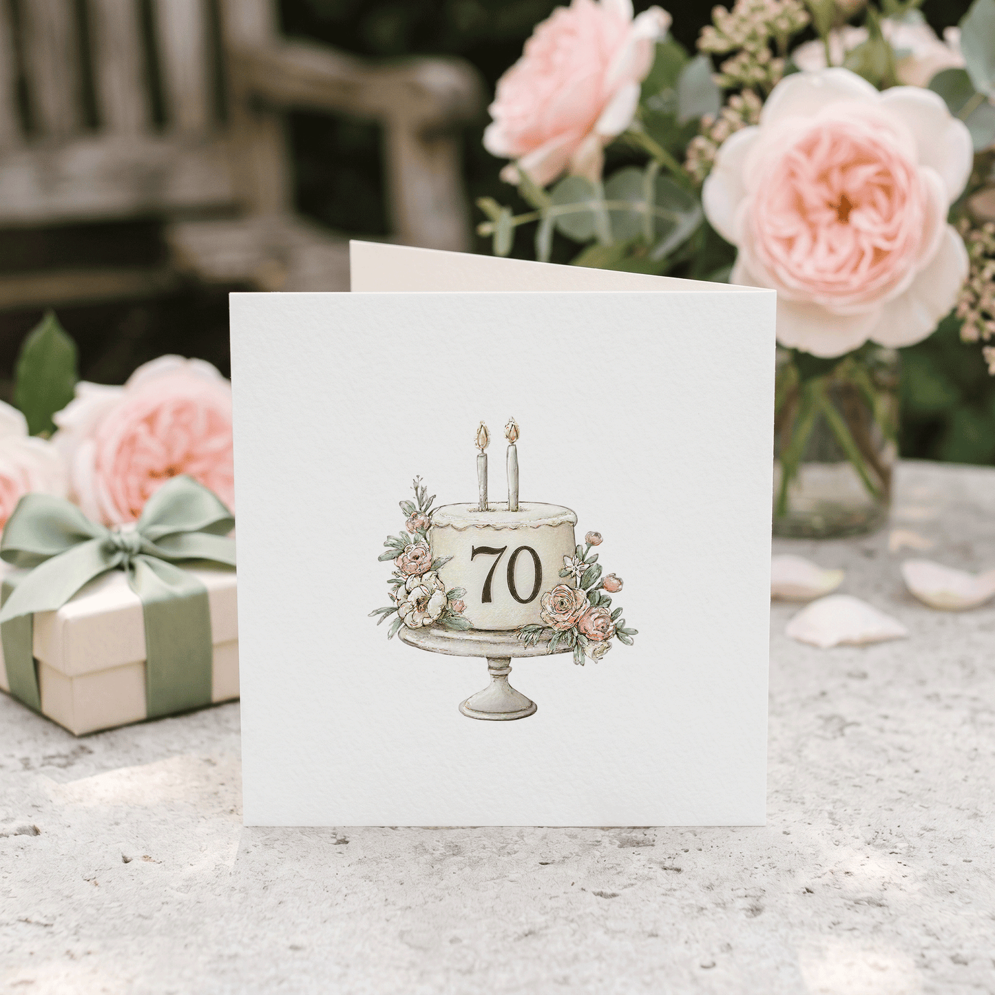 Personalized 70th Birthday Card with Watercolor Floral Cake Illustration - Pretty Gifted