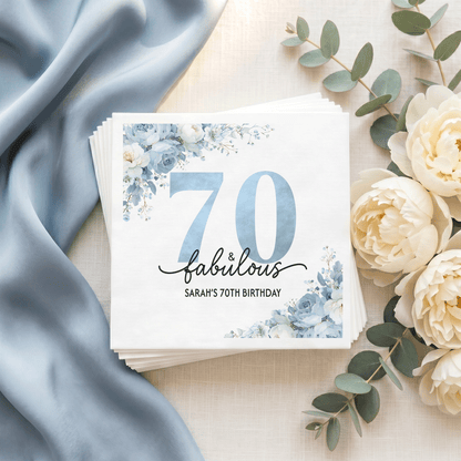Personalized 70th Birthday Napkins with Blue Flower Corners - Pretty Gifted